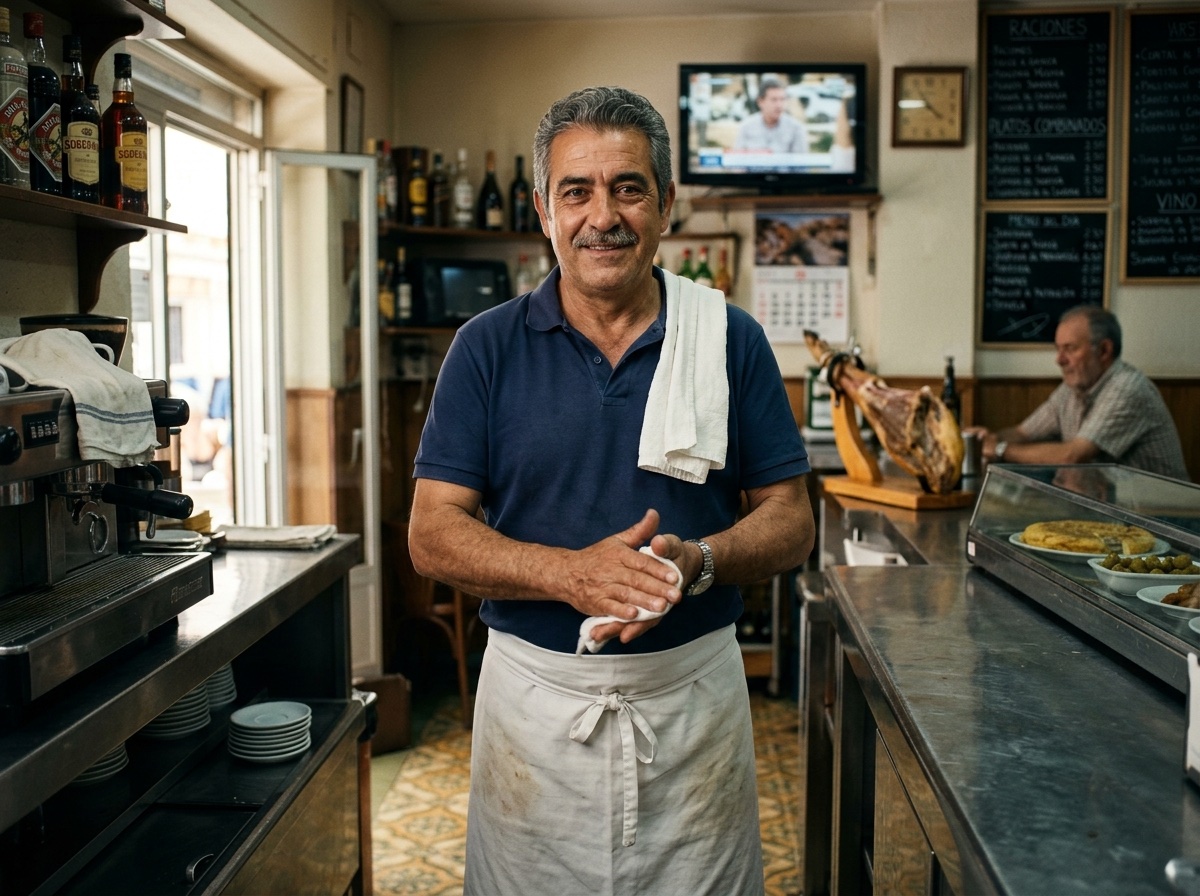 Camarero sonriente detrás de la barra de un bar tradicional con menú del día